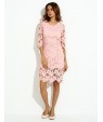 Work Sheath / Lace Dress,Solid Round Neck Knee-length ? Length Sleeve Pink Cotton Spring Mid Rise Micro-elastic