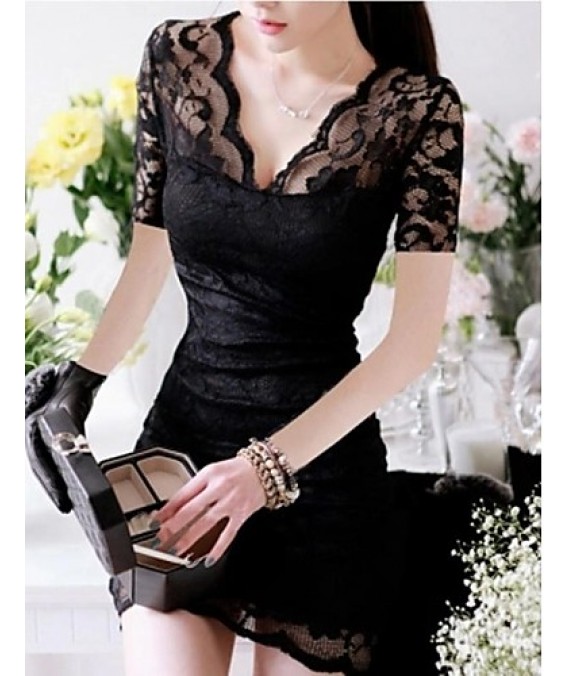 Women's Sexy Lace V Neck Spring Mini Dress