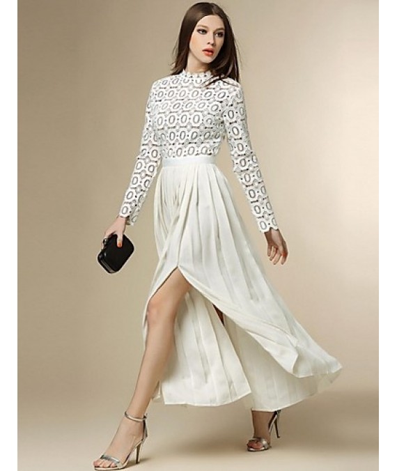 Boutique S Women's Going out Street chic Chiffon Dress,Patchwork Stand Maxi Long Sleeve White Polyester Fall