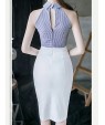 Women's Going out Sexy Bodycon Dress,Striped Halter Knee-length Sleeveless White Cotton Summer Mid Rise Micro-elastic