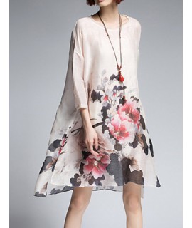 Women's Vintage Floral Loose Dress,Round Neck Asymmetrical Silk / Linen