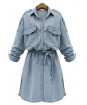 Women's Plus Size Street chic Loose Dress,Solid Shirt Collar Above Knee Long Sleeve Blue Spandex Summer