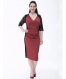 Women's Plus Size Vintage Sheath Dress,Patchwork V Neck Knee-length 陆 Length Sleeve Red / Black Polyester Fall