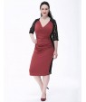 Women's Plus Size Vintage Sheath Dress,Patchwork V Neck Knee-length 陆 Length Sleeve Red / Black Polyester Fall