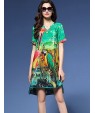 Women's Vintage Print Plus Size / Loose Dress,V Neck Asymmetrical Silk