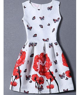 Women's Cute Floral A Line Dress,Round Neck Mini Polyester