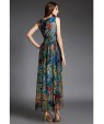 Going out Street chic Sheath Dress,Print V Neck Maxi Sleeveless Blue Silk Summer High Rise