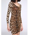 Women's Club Sexy Bodycon Dress,Leopard U Neck Mini Long Sleeve Brown Cotton / Modal / Spandex Summer Mid Rise Stretchy Opaque / Thin