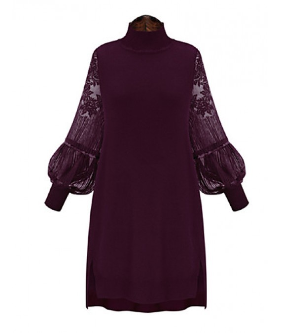 Spring Plus Sizes Women's Solid Color Lace Splice Stand Collar Lantern Sleeve Casual Party Dress