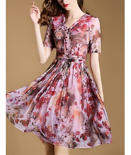 Women's Vintage Print Sheath Dress,V Neck Knee-length Silk