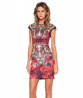 Women's Vintage Floral Sheath Printed Dress , Round Neck Knee-length Polyester