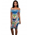 Women's Simple / Street chic Vintage National Style Print Off-The-Shoulder Sheath Dress,Boat Neck Knee-length