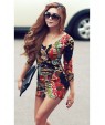 Women's Vintage Sexy Bodycon Print Cute Plus Sizes MicroElastic Long Sleeve Above Knee Dress (Microfiber)