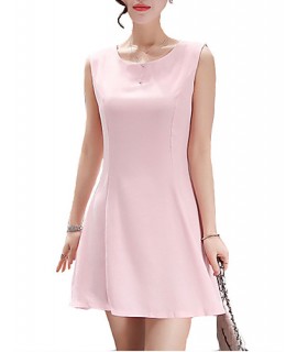 Women's Simple Solid A Line Dress,Round Neck Mini Polyester