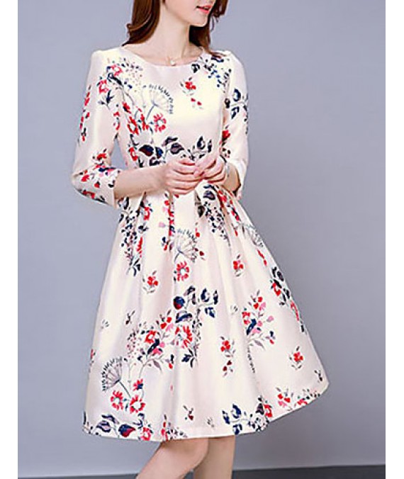 Women's Vintage Print Sheath Dress,Round Neck Knee-length Polyester