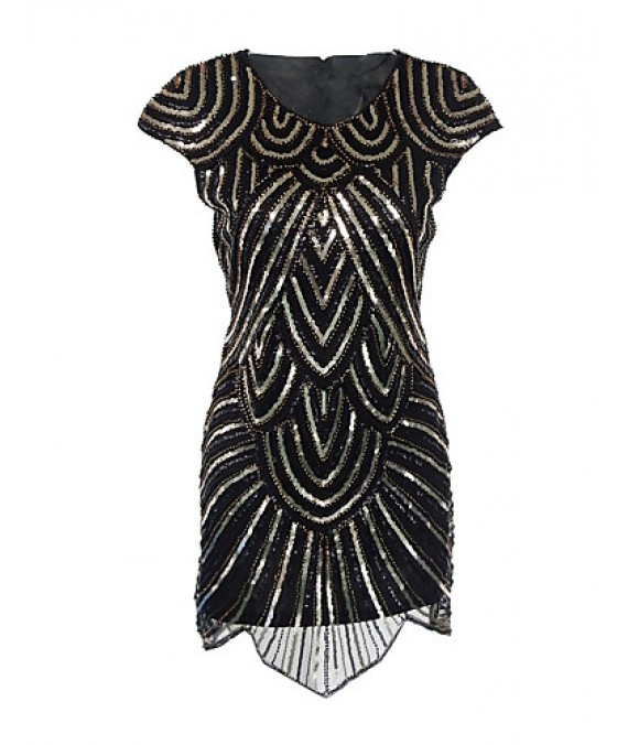 Women's Party/Cocktail Vintage 1920s Bodycon / Sheath Dress,Paisley Round Neck Knee-length Short Sleeve Black Polyester