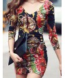 Women's Vintage Sexy Bodycon Print Cute Plus Sizes MicroElastic Long Sleeve Above Knee Dress (Microfiber)