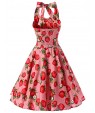 Women's Pink Strawberry Pattern Floral Dress , Vintage Halter 50s Rockabilly Swing Dress