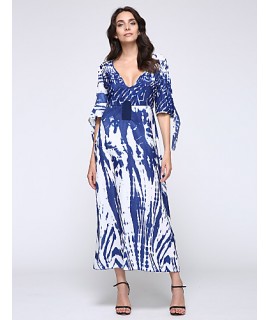 New Boho Maxi Dress Contrast Print Deep V-Neck Side Zipper 3/4 Sleeve Beach Evening Party Long