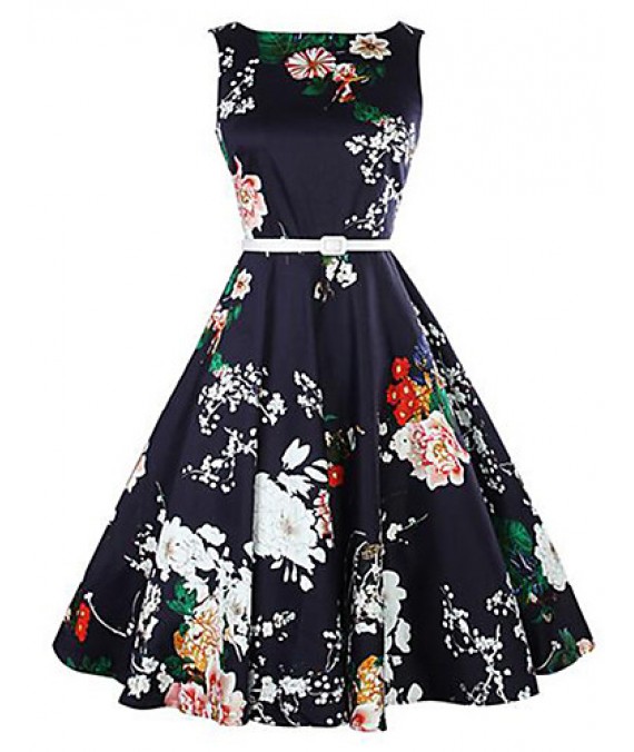 Women's Casual/Daily Vintage A Line Dress,Floral Round Neck Knee-length Sleeveless Blue Cotton Summer