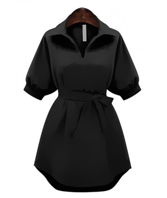 Women's Plus Size Simple Sheath Dress,Solid Shirt Collar Above Knee ? Length Sleeve Red / Black Polyester Summer