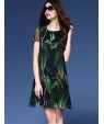 Women's Vintage Print Sheath Dress,Round Neck Above Knee Silk