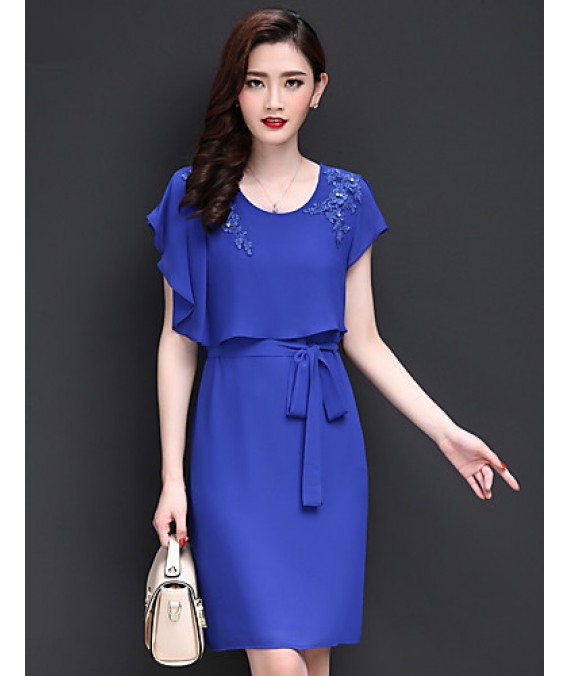 Women's Going out Vintage / Simple Sheath / Chiffon Dress,Embroidered Round Neck Above Knee Short Sleeve