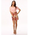 Women's White/Pink Round Flower Print Chiffon Short Sleeve Dress