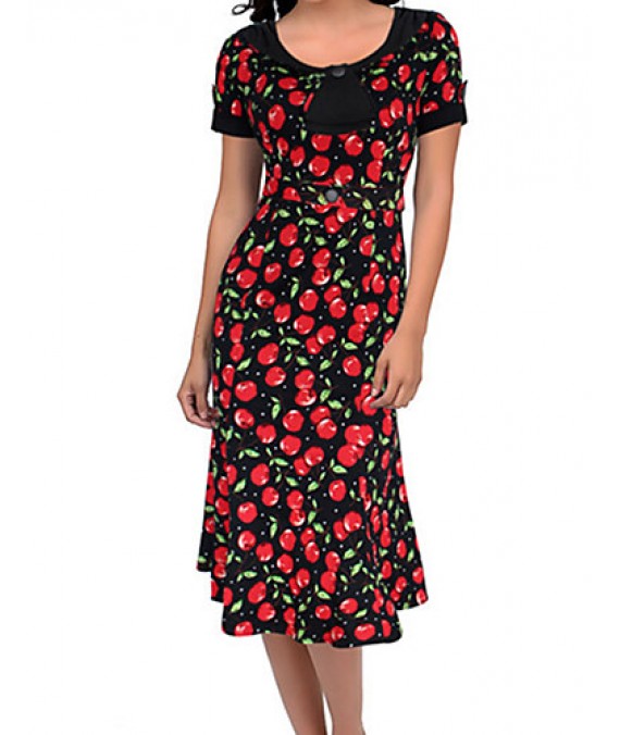 Women's Work Plus Size Dress,Print Round Neck Knee-length Short Sleeve Red / Black Summer