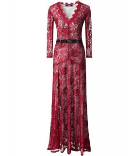 Women's Sexy V Neck Long Sleeve Lace Maxi Dress