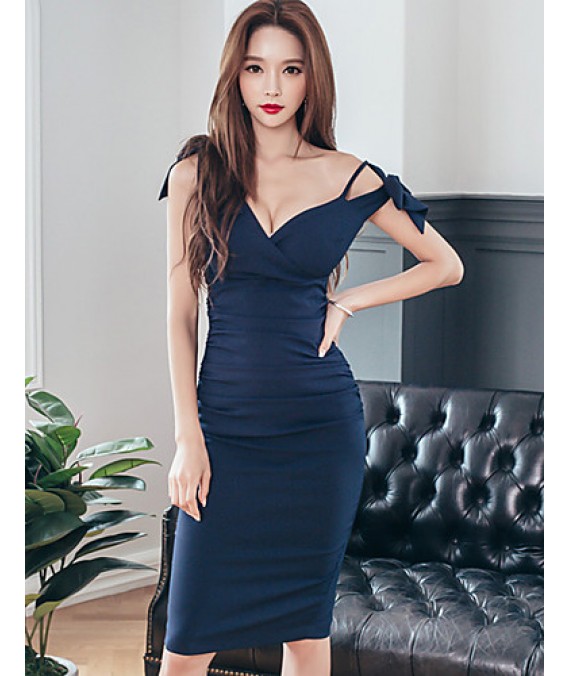 Women's Party/Cocktail Sexy Bodycon Dress,Solid Deep V Knee-length Sleeveless Blue Polyester Summer