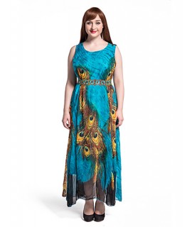 Women's Beach Plus Size / Swing Dress,Animal Print Round Neck Maxi Sleeveless Blue Polyester Summer