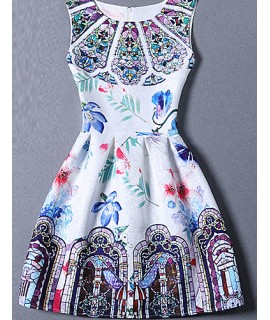 Women's Cute Print A Line Dress,Round Neck Mini Polyester