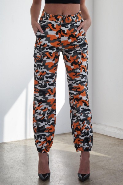 Orange Camo Belted High Waist Cargo Pants