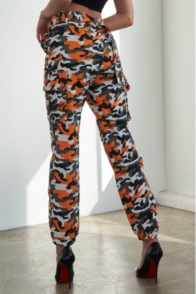 Orange Camo Belted High Waist Cargo Pants