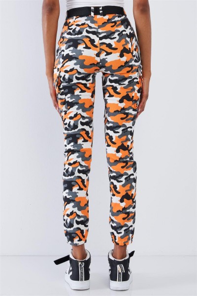 Orange Camo High Waisted Belted Cargo Pants