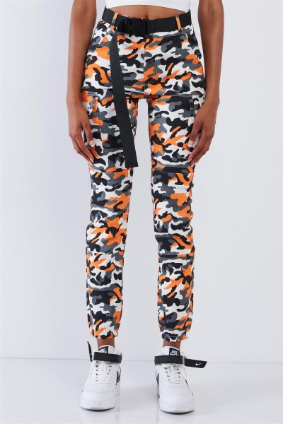 Orange Camo High Waisted Belted Cargo Pants