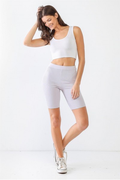 Light Purple Ribbed High Waist Slim Fit Stretchy Shorts