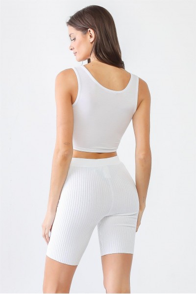 White Ribbed High Waist Slim Fit Stretchy Shorts