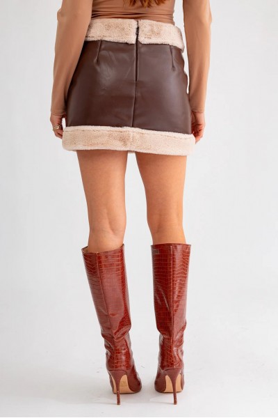 Vegan Fur Trim Faux Leather Mini Skirt