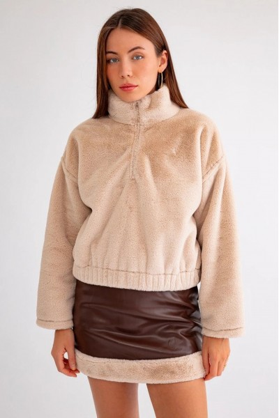 Vegan Fur Trim Faux Leather Mini Skirt