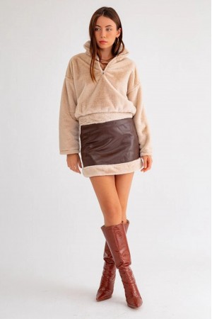 Vegan Fur Trim Faux Leather Mini Skirt