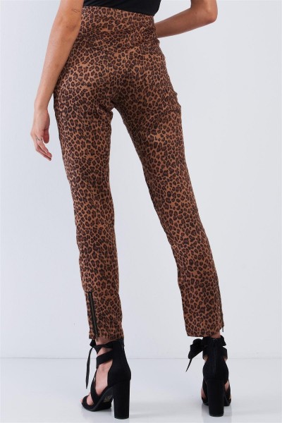 Leopard Print High Waisted Front Zipper Fly Accent Ankle Length Pants