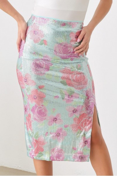 Metallic Sequin Floral High Rise Straight Side Slit Midi Skirt