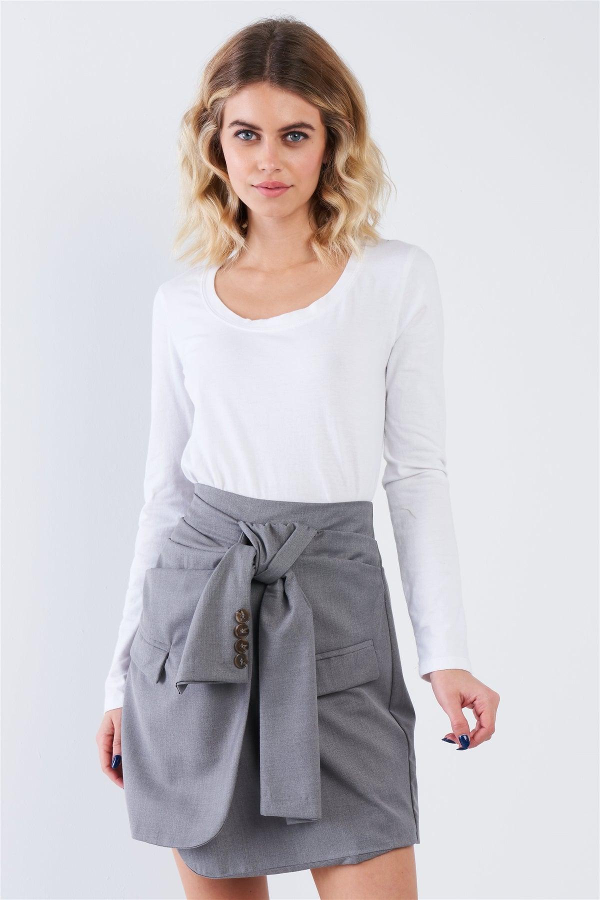 Grey Front Warp Tie High Waist Mini Skirt