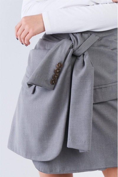 Grey Front Warp Tie High Waist Mini Skirt