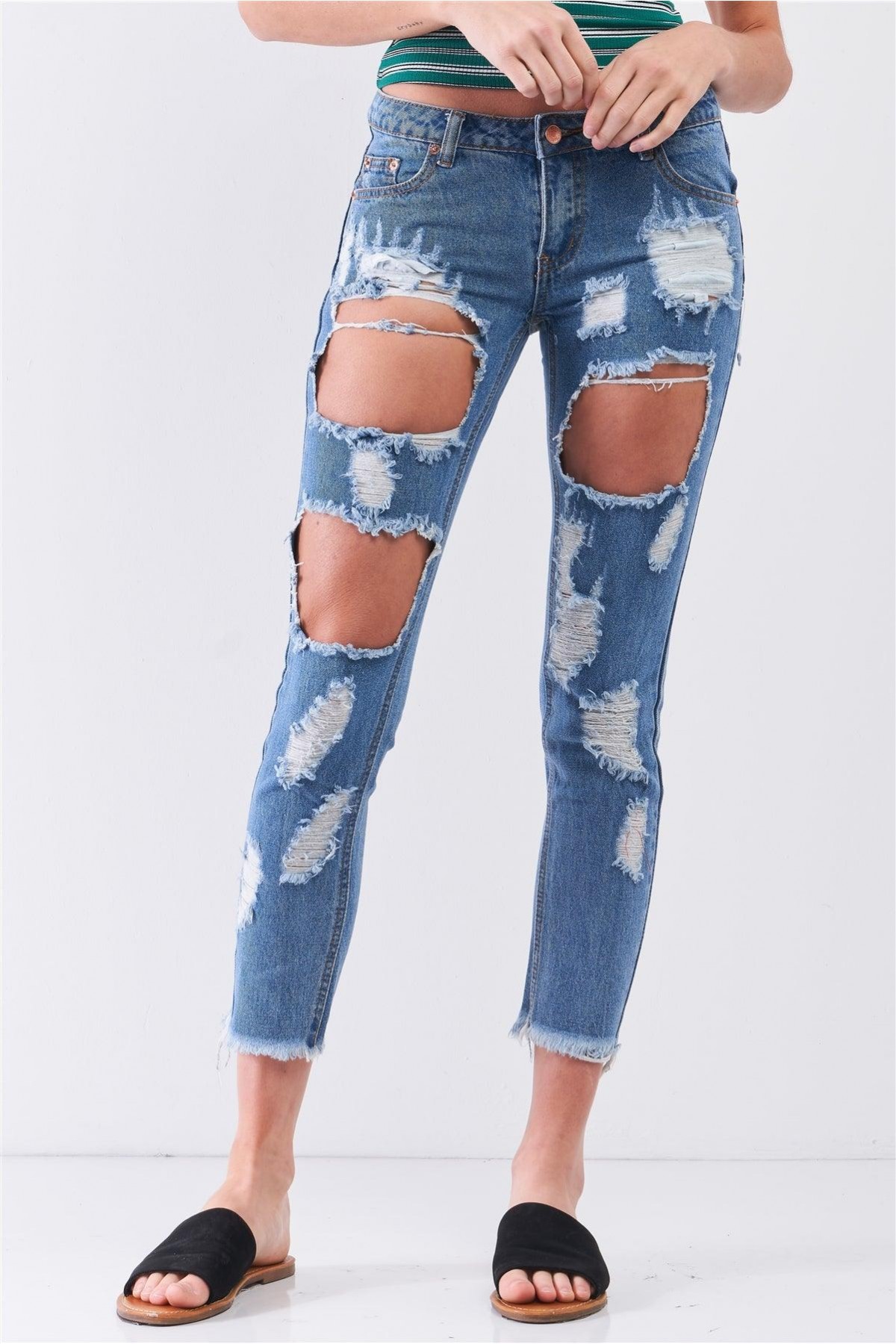 Medium Blue Ripped Destroyed Low-Mid Rise Denim Jeans