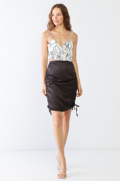 Black Satin Ruched High Waist Mini Skirt