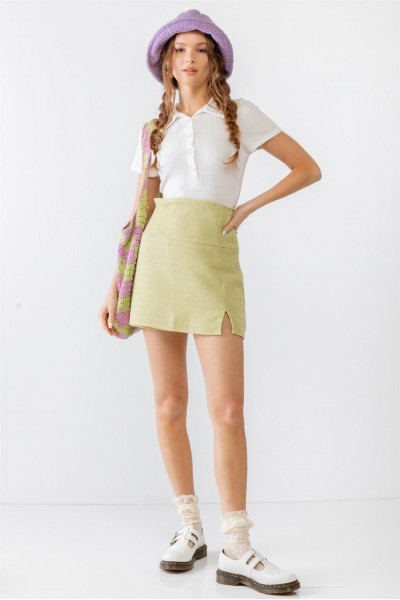 Light Sage Tweed High Waist Mini Skirt