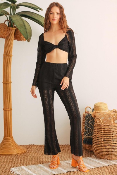 Lace Sweetheart Neck Bow Crop Top & High Waist Pants Set